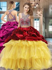 Amazing Scoop Sleeveless With Train Beading and Ruffled Layers and Pick Ups Criss Cross Quinceanera Dresses with Multi-color Brush Train