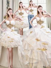  Four Piece Sweetheart Sleeveless Sweet 16 Dress Floor Length Beading and Ruffles White Organza