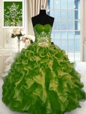  Floor Length Olive Green Sweet 16 Quinceanera Dress Organza Sleeveless Beading and Ruffles