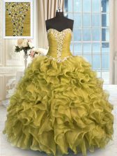 Clearance Olive Green Sleeveless Beading and Ruffles Floor Length Ball Gown Prom Dress