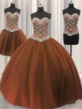 New Arrival Three Piece Tulle Sweetheart Sleeveless Lace Up Beading and Sequins Quinceanera Dress in Brown