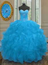Romantic Blue Sleeveless Organza Lace Up Ball Gown Prom Dress for Military Ball and Sweet 16 and Quinceanera