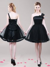 Excellent One Shoulder Sleeveless Mini Length Bowknot Black Tulle