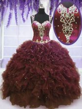  Tulle Straps Sleeveless Zipper Beading and Ruffles Quinceanera Dress in Burgundy