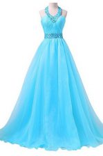 Pretty Aqua Blue Chiffon Lace Up Halter Top Sleeveless Floor Length Prom Party Dress Beading and Belt