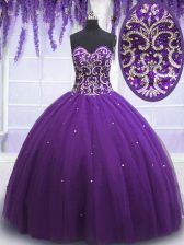 Wonderful Sweetheart Sleeveless Quinceanera Gown Floor Length Beading Eggplant Purple Tulle