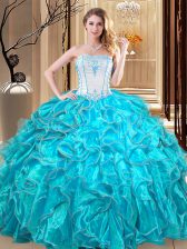 Hot Sale Strapless Sleeveless Organza Quinceanera Gown Embroidery and Ruffles Lace Up
