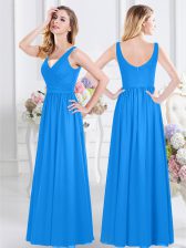 Wonderful Chiffon V-neck Sleeveless Zipper Ruching Court Dresses for Sweet 16 in Baby Blue