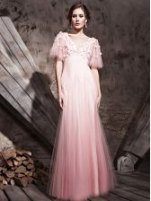 Customized Half Sleeves Floor Length Lace and Appliques Zipper Evening Dress with Baby Pink