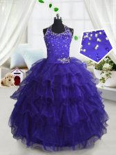 Exquisite Scoop Ruffled Floor Length Ball Gowns Sleeveless Navy Blue Kids Pageant Dress Lace Up