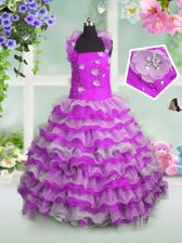 Classical Fuchsia Ball Gowns Beading and Appliques and Ruffled Layers Little Girl Pageant Dress Lace Up Organza Sleeveless Floor Length