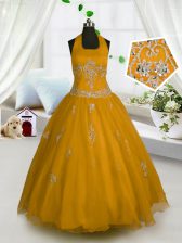 Most Popular Orange Halter Top Neckline Appliques Pageant Gowns For Girls Sleeveless Lace Up