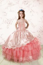  Organza Spaghetti Straps Sleeveless Lace Up Embroidery and Ruffled Layers Teens Party Dress in Baby Pink