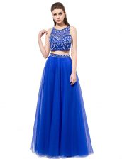 Captivating Scoop Sleeveless Tulle Floor Length Lace Up Prom Gown in Royal Blue with Beading