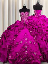 Free and Easy Sequins Fuchsia Sweetheart Neckline Beading and Embroidery and Ruffles Quinceanera Gown Sleeveless Lace Up