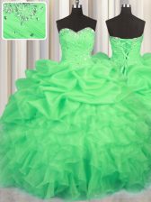  Green Sweetheart Neckline Beading and Ruffles and Ruching and Pick Ups Sweet 16 Dress Sleeveless Lace Up