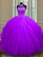 Best Selling Sequins Floor Length Purple Ball Gown Prom Dress Halter Top Sleeveless Lace Up
