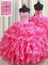  Hot Pink Lace Up Sweet 16 Quinceanera Dress Beading and Ruffles Sleeveless Floor Length