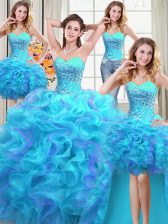  Four Piece Organza Sleeveless Floor Length Quinceanera Gown and Beading and Ruffles