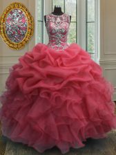 Vintage Scoop Coral Red Sleeveless Floor Length Beading and Ruffles and Pick Ups Lace Up Quinceanera Gown