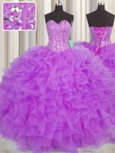 Fantastic Visible Boning Lilac Sweetheart Neckline Beading and Ruffles and Sashes ribbons 15th Birthday Dress Sleeveless Lace Up