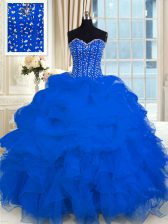  Sleeveless Floor Length Beading and Ruffles Lace Up Vestidos de Quinceanera with Royal Blue