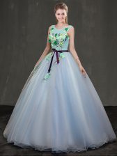 Cute Scoop Light Blue Organza Lace Up Quince Ball Gowns Sleeveless Floor Length Appliques