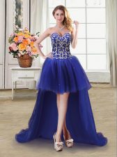 Gorgeous Sequins High Low Ball Gowns Sleeveless Royal Blue Evening Dress Lace Up