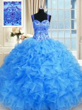 Flirting Organza Sleeveless Floor Length Ball Gown Prom Dress and Beading and Embroidery and Ruffles