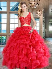  Red Sleeveless Organza Zipper Sweet 16 Quinceanera Dress for Military Ball and Sweet 16 and Quinceanera