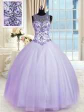 Delicate Scoop Floor Length Lace Up Quinceanera Gown Lavender for Military Ball and Sweet 16 and Quinceanera with Beading