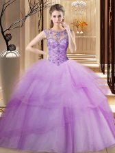 Hot Sale Scoop Lilac 15 Quinceanera Dress Tulle Brush Train Sleeveless Beading and Ruffled Layers