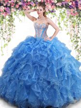 Deluxe Mermaid Aqua Blue Sleeveless Organza Lace Up Sweet 16 Quinceanera Dress for Military Ball and Sweet 16 and Quinceanera