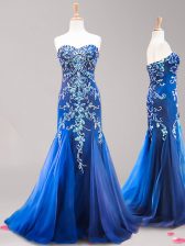 Popular Mermaid Sweetheart Sleeveless Brush Train Zipper Dress for Prom Royal Blue Tulle