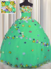 Edgy Turquoise Lace Up Quince Ball Gowns Hand Made Flower Sleeveless Floor Length