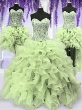 Romantic Four Piece Sleeveless Organza Floor Length Lace Up Vestidos de Quinceanera in Yellow Green with Ruffles and Sequins