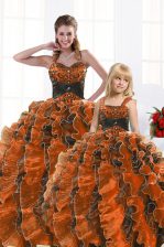  Floor Length Lace Up 15 Quinceanera Dress Orange for Military Ball and Sweet 16 and Quinceanera with Beading and Appliques and Ruffles