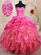 New Style Hot Pink Organza Lace Up Quince Ball Gowns Sleeveless Floor Length Beading and Ruffles and Pick Ups