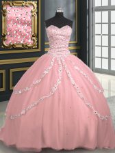 High Quality Pink Lace Up Quinceanera Gown Beading and Appliques Sleeveless With Brush Train