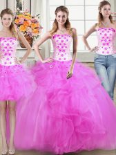  Three Piece Mermaid Sleeveless Floor Length Beading and Appliques and Ruffles Lace Up Vestidos de Quinceanera with Fuchsia