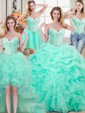 Chic Four Piece Apple Green Ball Gowns Sweetheart Sleeveless Organza Floor Length Lace Up Beading and Ruffles and Pick Ups 15th Birthday Dress