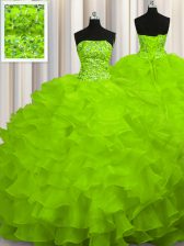 Ideal Sweep Train Ball Gowns Beading and Ruffles Quinceanera Gown Lace Up Organza Sleeveless