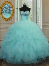 Fashionable Sleeveless Floor Length Beading and Ruffles Lace Up Sweet 16 Dresses with Aqua Blue