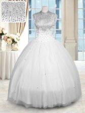  White Sleeveless Tulle Zipper Quinceanera Gown for Military Ball and Sweet 16 and Quinceanera