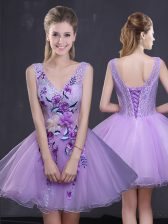  Lavender A-line Lace and Appliques Homecoming Dress Lace Up Organza Sleeveless Mini Length