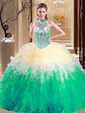 Luxury Tulle Halter Top Sleeveless Lace Up Beading and Ruffles 15th Birthday Dress in Multi-color
