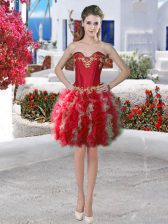 Fine Red Lace Up Prom Dresses Appliques and Ruffles Sleeveless Mini Length