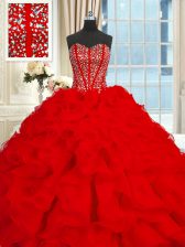 Low Price Sleeveless Brush Train Beading and Ruffles Lace Up Quince Ball Gowns