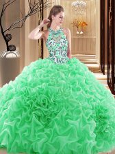  Quinceanera Gowns Prom and Military Ball and Sweet 16 and Quinceanera with Embroidery and Ruffles High-neck Sleeveless Brush Train Backless