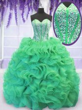  Turquoise Ball Gowns Beading and Ruffles 15 Quinceanera Dress Lace Up Organza Sleeveless With Train